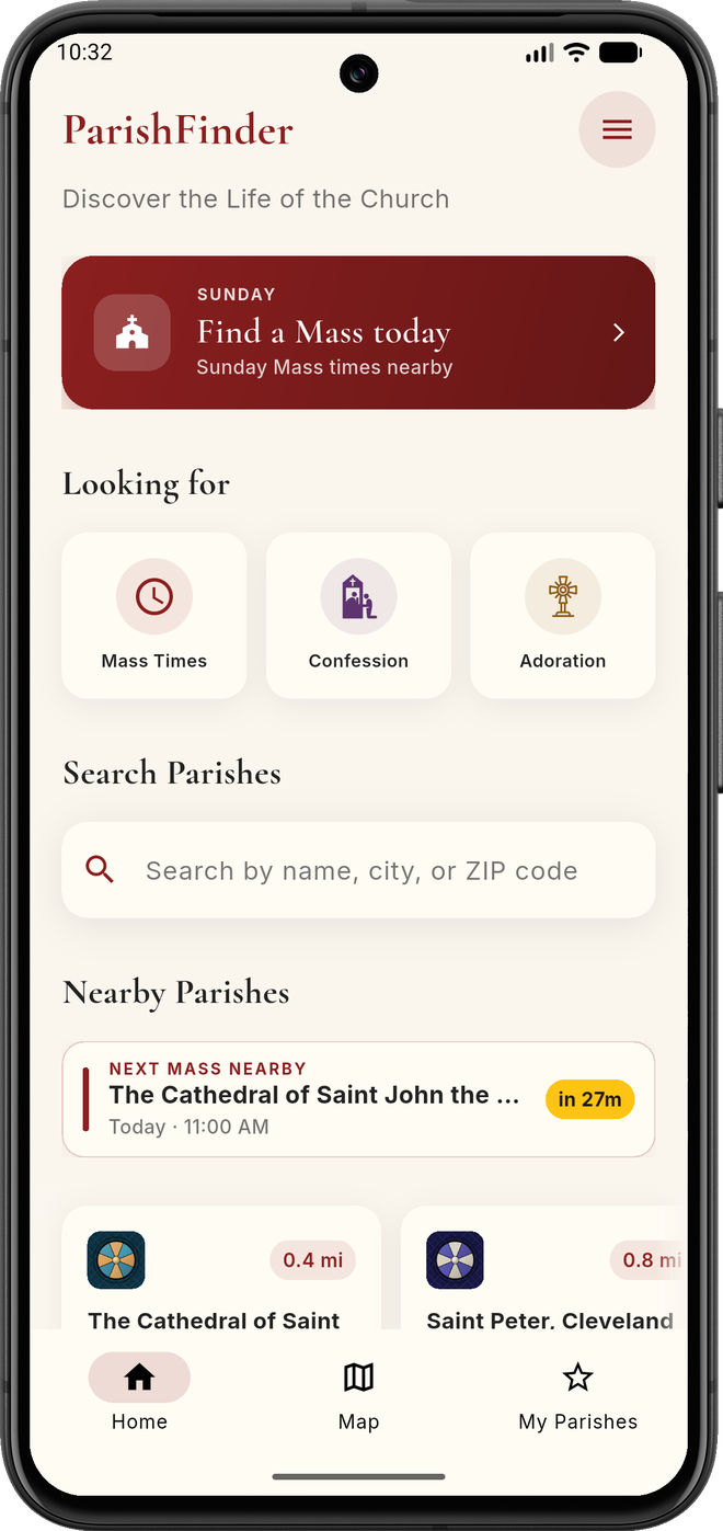 ParishFinder's home screen on a phone: a Sunday banner, quick filters for Mass, Confession and Adoration, a search box, and the next Mass nearby at 11:00 AM.