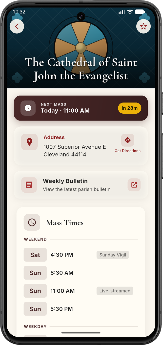 A ParishFinder parish page on a phone: a stained-glass header for the Cathedral of Saint John the Evangelist, the next Mass, address, bulletin link and the week's Mass times.